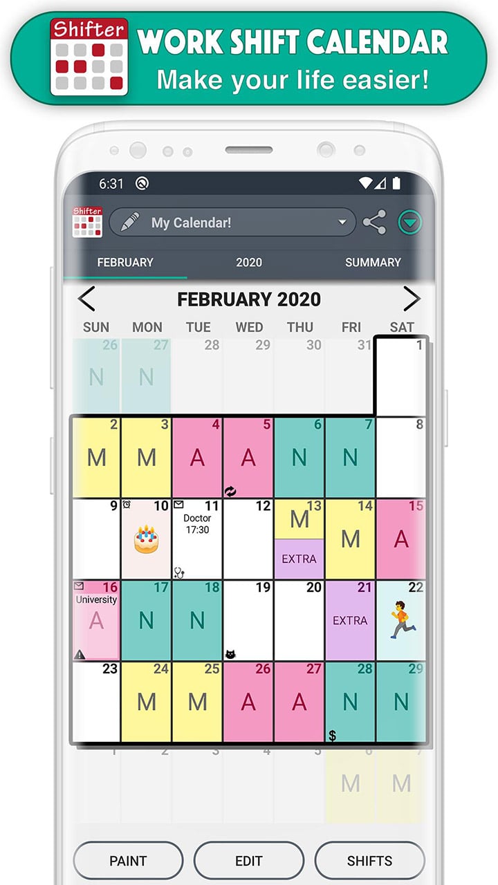 Work Shift Calendar screen 1